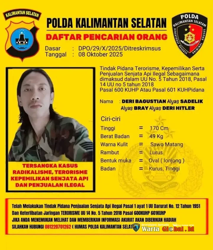 DPO : Polda Kalsel Cari Deri Bagustian, Terlibat Jaringan Terorisme JI