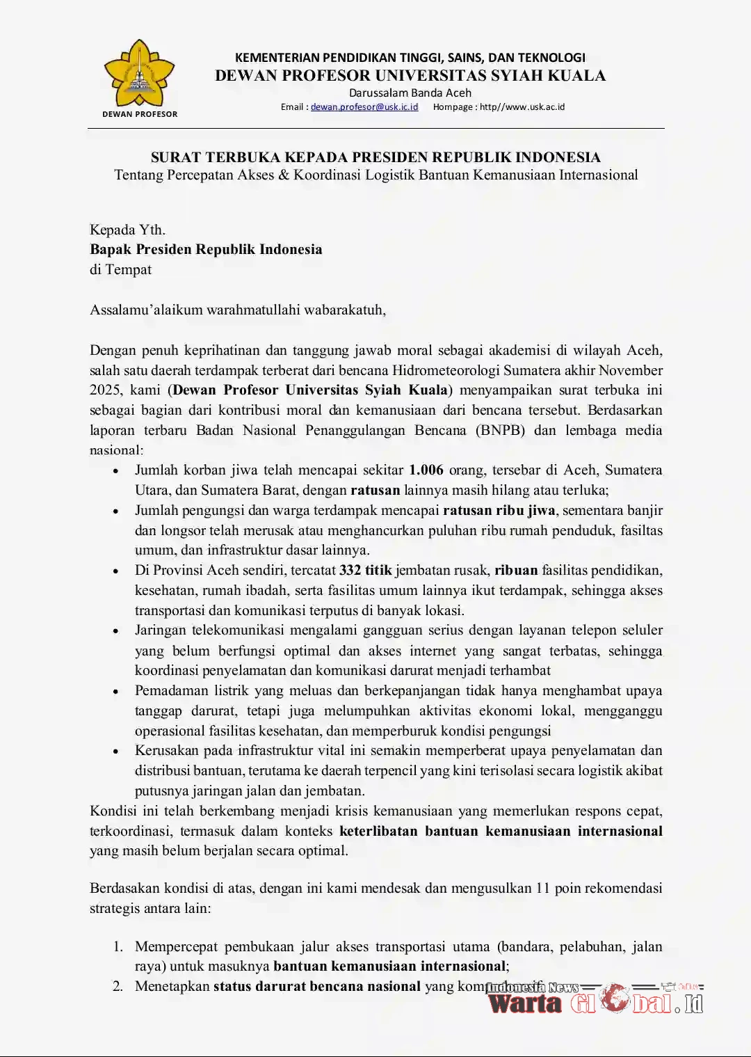 Dewan Profesor USK Kirim Surat Terbuka Ke Prabowo "Desak Percepatan Bantuan Kemanusiaan Internasional untuk Korban Bencana Sumatera "
