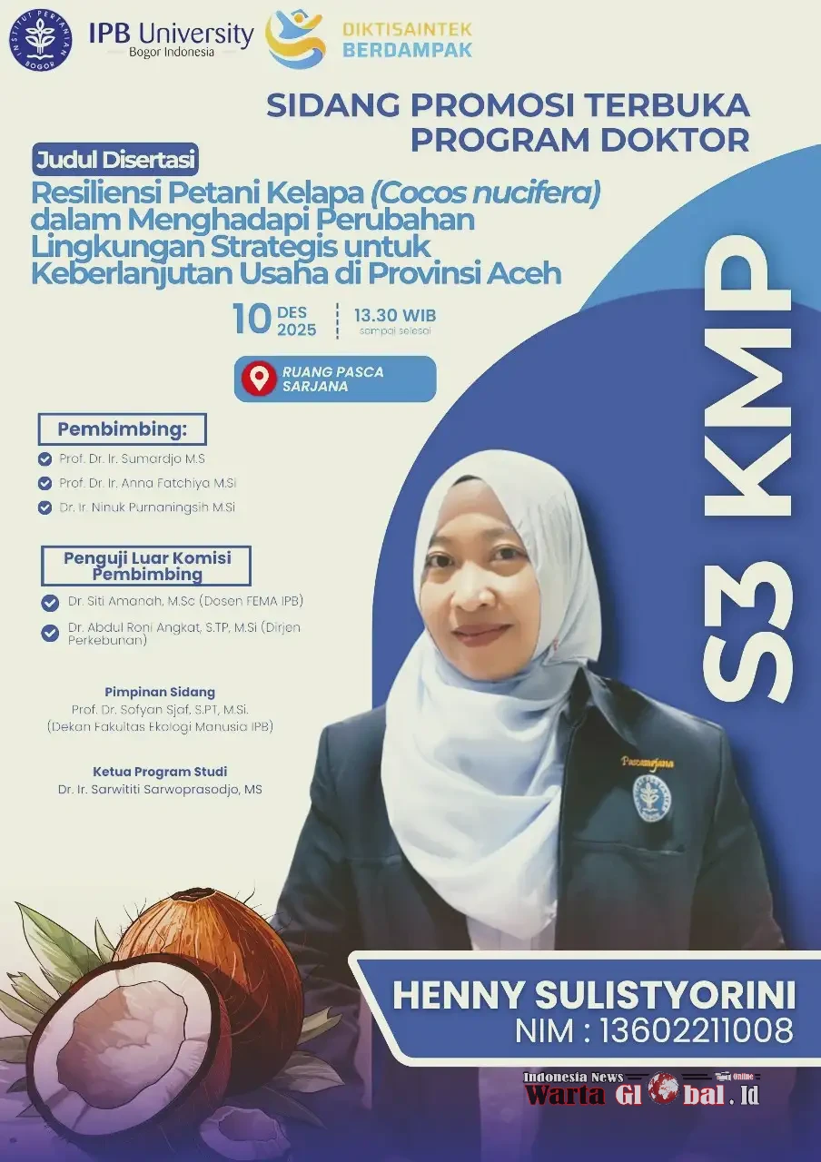 Mahasiswa Program Doktor IPB University Akan Menggelar Sidang Promosi dengan Tema Resiliensi Petani Kelapa di Aceh Bogor