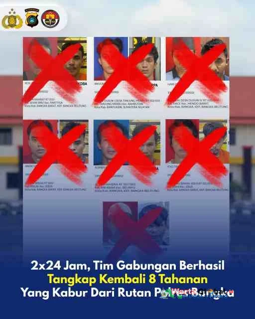 2x24 Jam, Tim Gabungan Berhasil Tangkap Kembali 8 Tahanan Kabur dari Rutan Polres Bangka