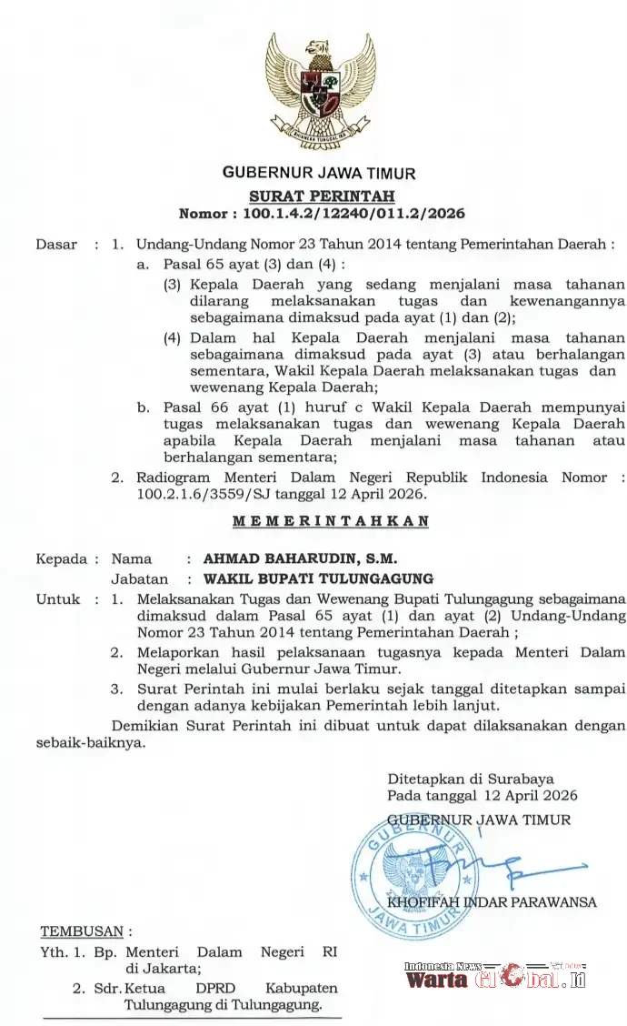 Gubernur Jawa Timur Terbitkan Surat Perintah: Ahmad Baharudin Jabat Plt Bupati Tulungagung