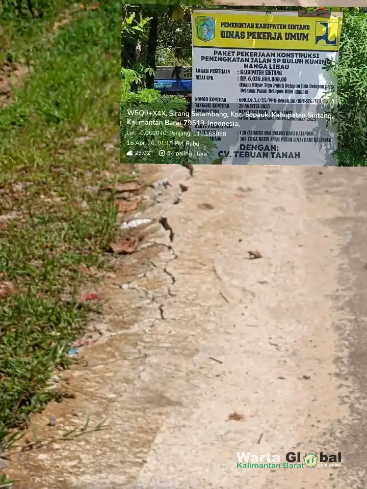 Jalan Rp 6 Miliar di Sintang Retak Saat Masih Masa Pemeliharaan, Publik Pertanyakan Pengawasan Proyek