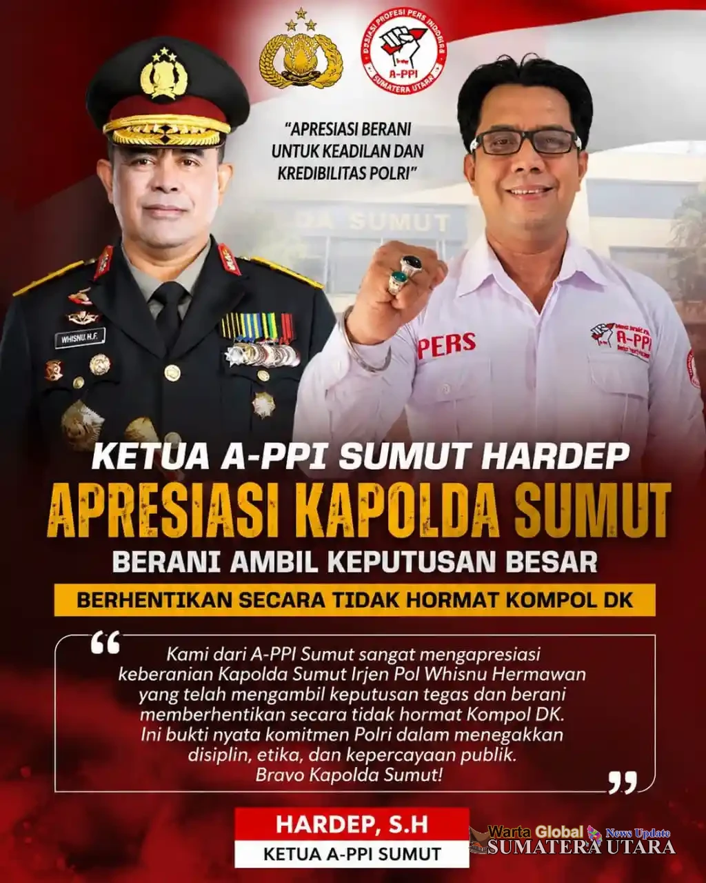 APPI Sumut Apresiasi Langkah Tegas Polda Sumut Berhentikan Tidak Dengan Hormat Kompol DK