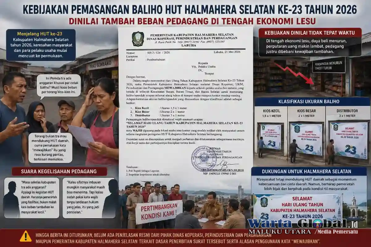 Pedagang Menjerit, Pemda Hal-Sel Justru Wajibkan Pasang Baliho HUT di Tengah Ekonomi Lesu