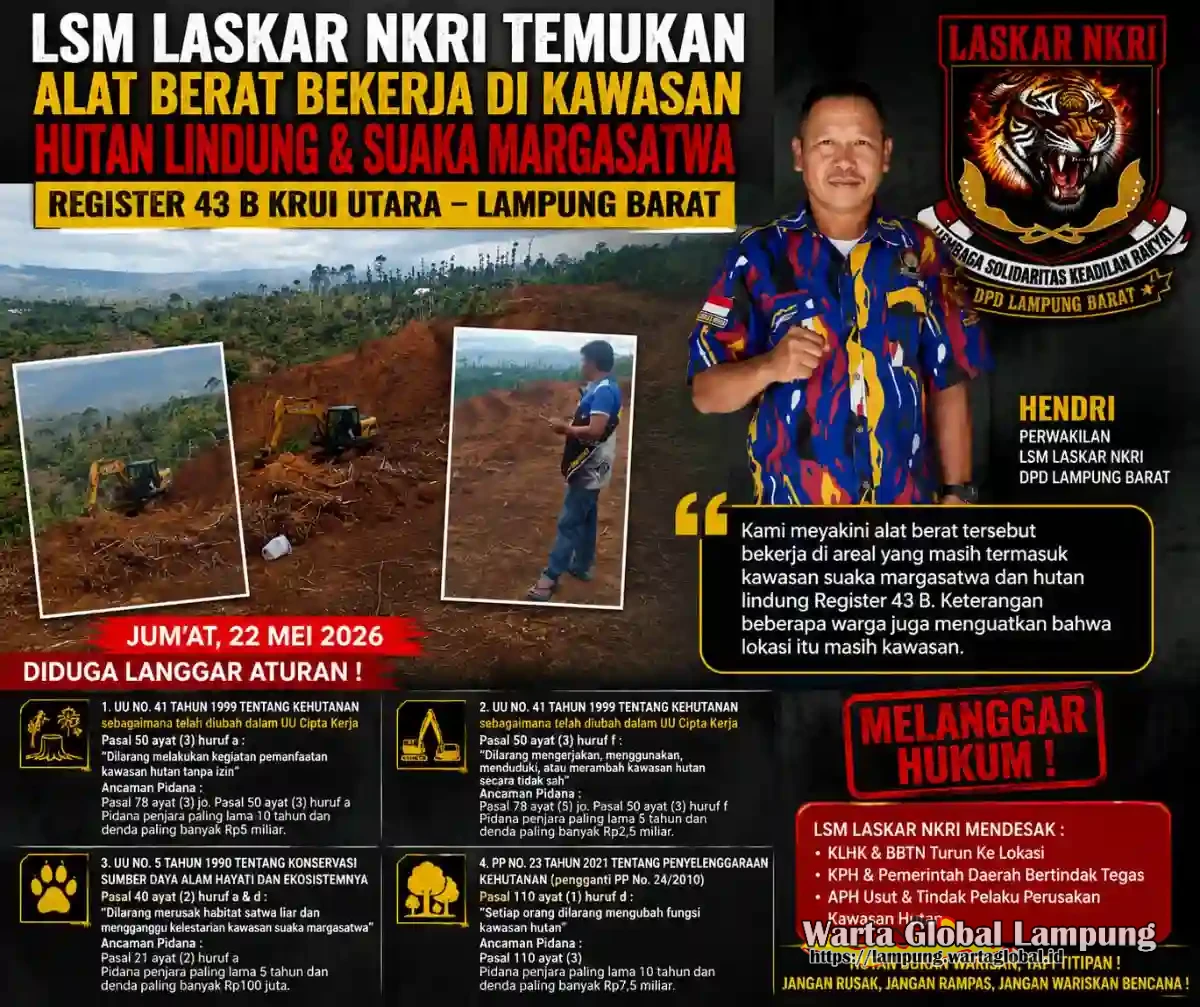 LSM LASKAR NKRI Soroti Aktivitas Ekskavator di Kawasan Register 43 B Krui Utara, Diduga Langgar UU Kehutanan Dan Konservasi