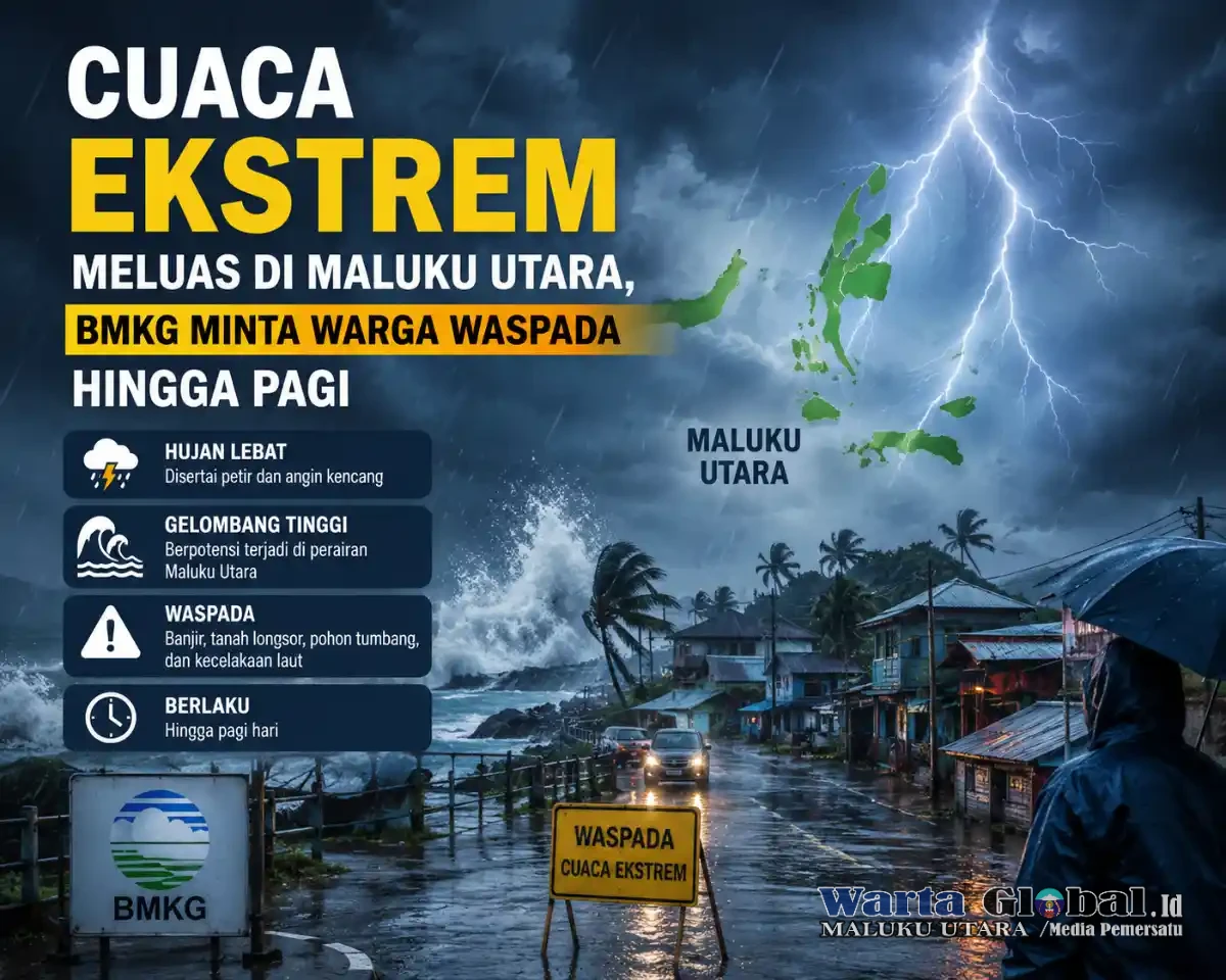 BMKG Keluarkan Update Peringatan Dini, Sejumlah Wilayah Maluku Utara Diguyur Hujan Lebat hingga Pagi.