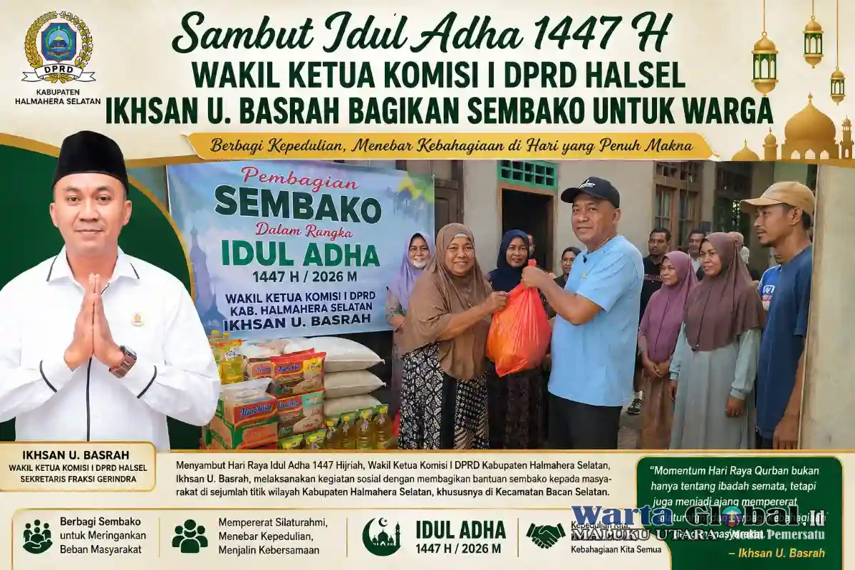 Sambut Idul Adha 1447 H, Wakil Ketua Komisi I DPRD Halsel Ikhsan U. Basrah Bagikan Sembako untuk Warga