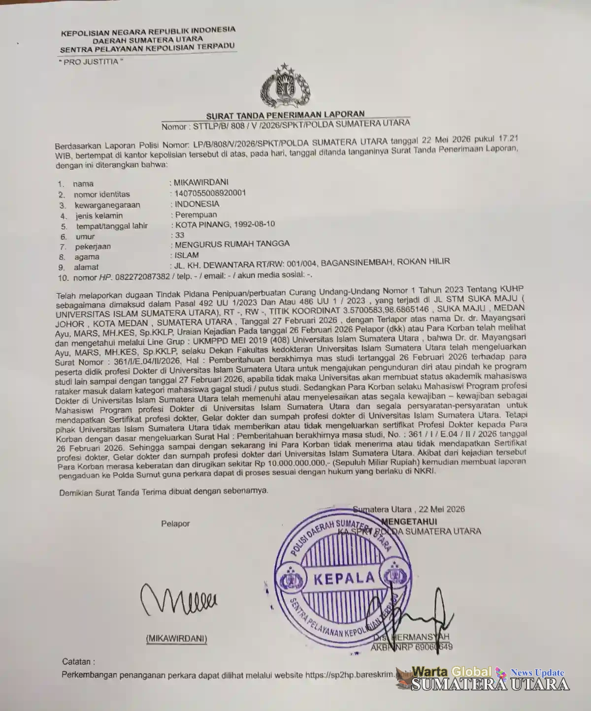 Dokter Muda UISU Laporkan Dekan ke Polda Sumut