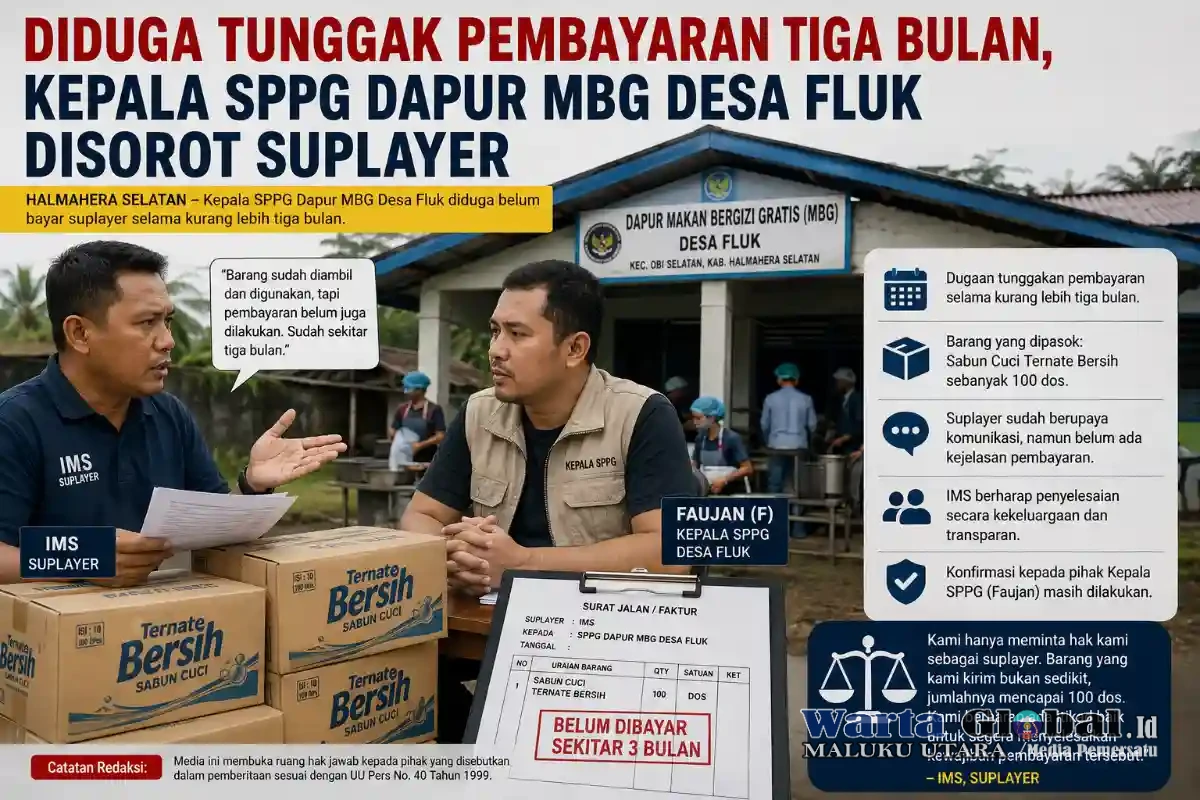 Diduga Tunggak Pembayaran Tiga Bulan, Kepala SPPG Dapur MBG Desa Fluk Disorot Suplayer Diduga Tunggak Pembayaran Tiga Bulan, Kepala SPPG Dapur MBG Desa Fluk Disorot Suplayer