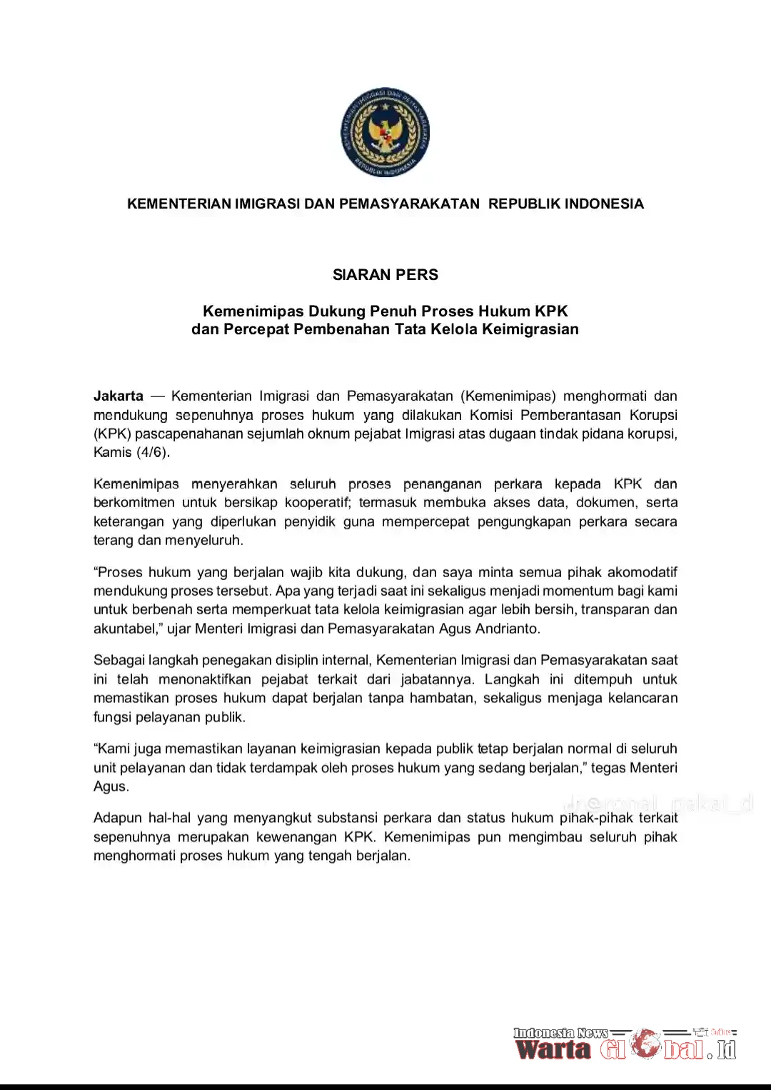 Kemenimipas Dukung Penuh Proses Hukum KPK,  Nonaktifkan Pejabat Imigrasi Terduga Korupsi